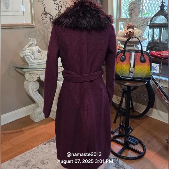 Guess Burgundy Purple Wool Blend Coat with Faux Mongolian Fur Trim Designer #679